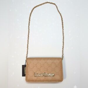 Bebe Beige Crossbody Bag with Gold Accents
